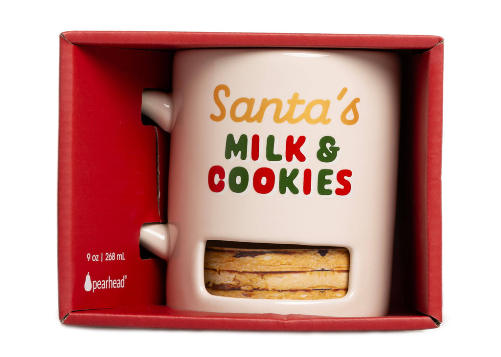 Santa's Milk and Cookies mug with cookie slot, in the gift box
