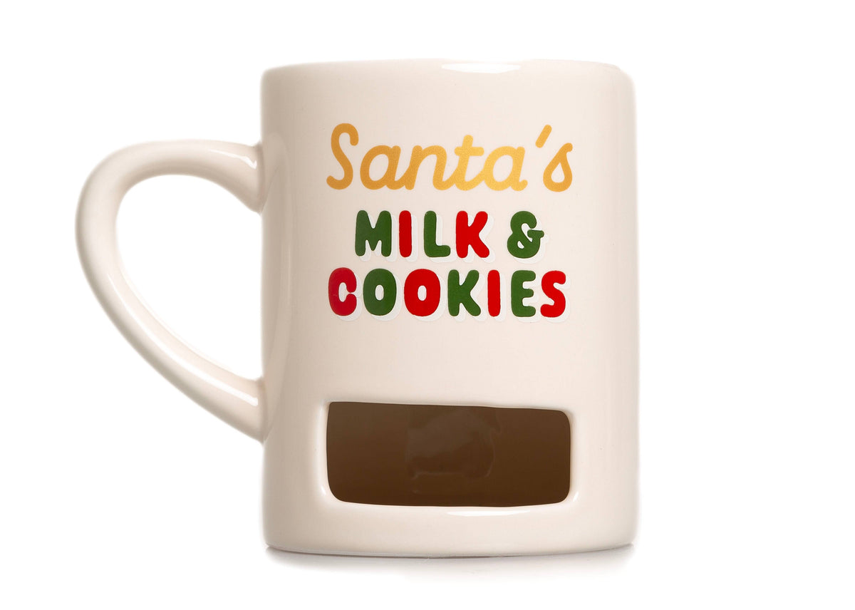 Santa's Milk and Cookies mug with cookie slot, side view