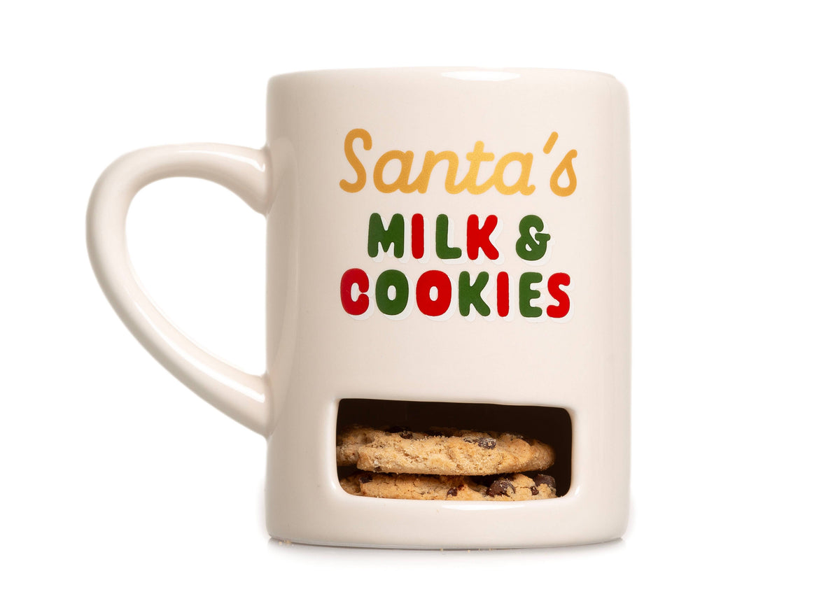Santa's Milk and Cookies mug with cookie slot, front view