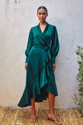 Women's satin ruffled midi wrap dress, emerald, back view