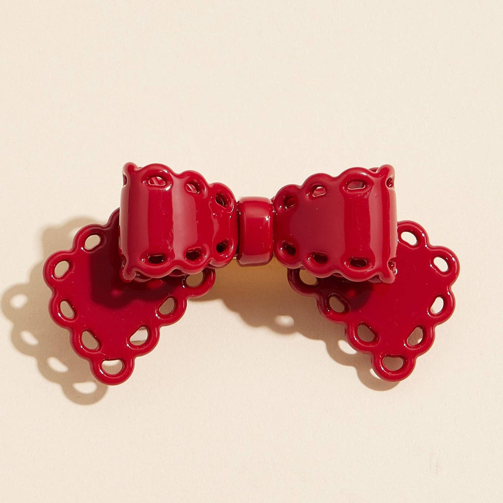 Scalloped lace cutout bow hair clip, red, front view