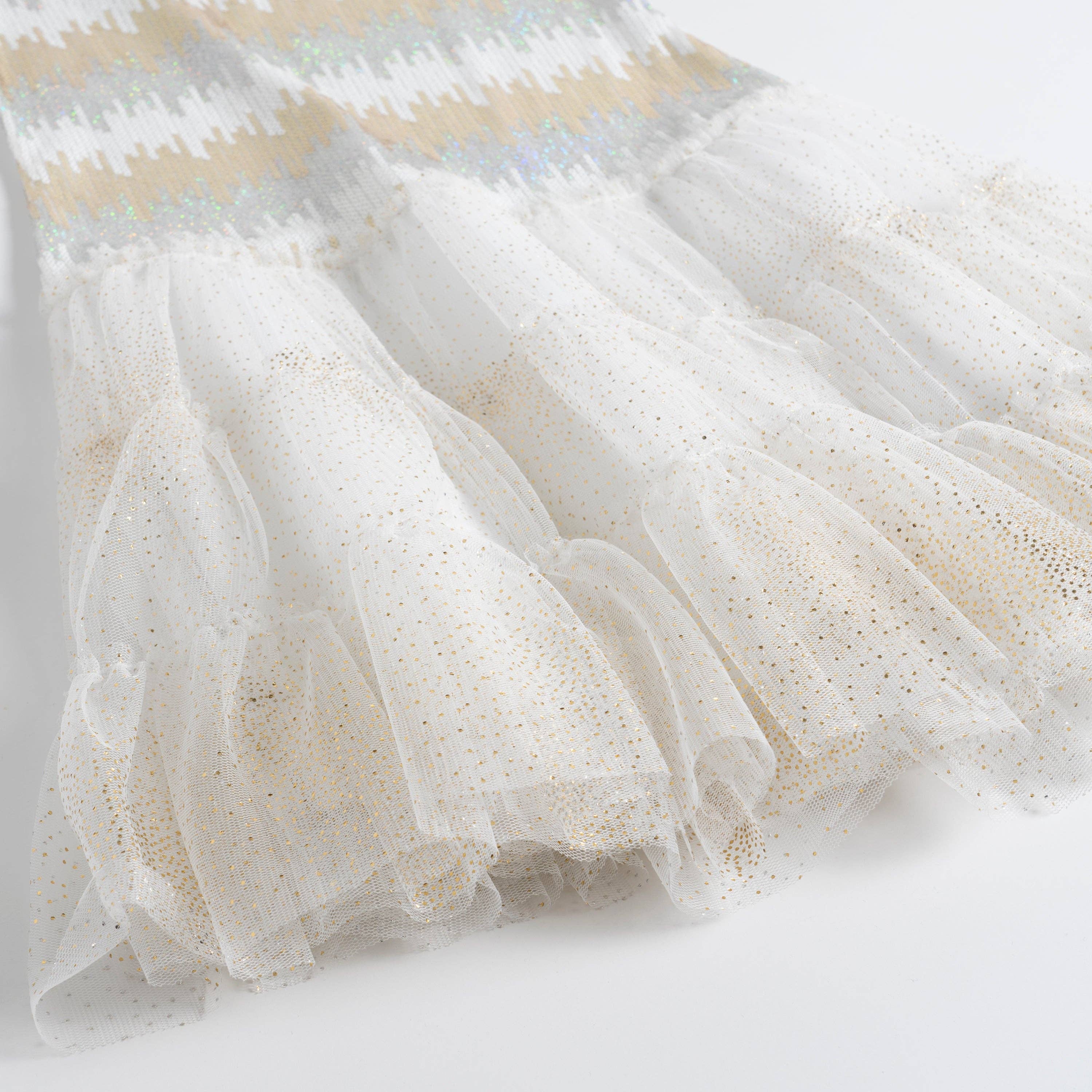 sequined girls party tulle dress white and silver