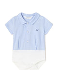 Mayoral short sleeve collared dress shirt bodysuit lt blue chambray, front view