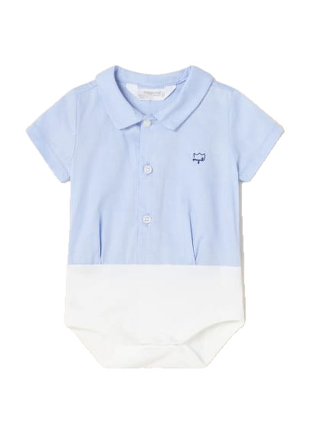 Mayoral short sleeve collared dress shirt bodysuit lt blue chambray, front view