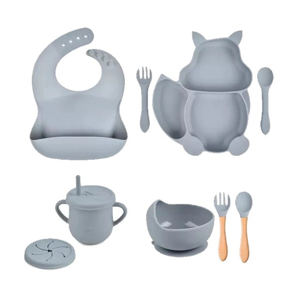 Silicone fox baby feeding set, grey, full set
