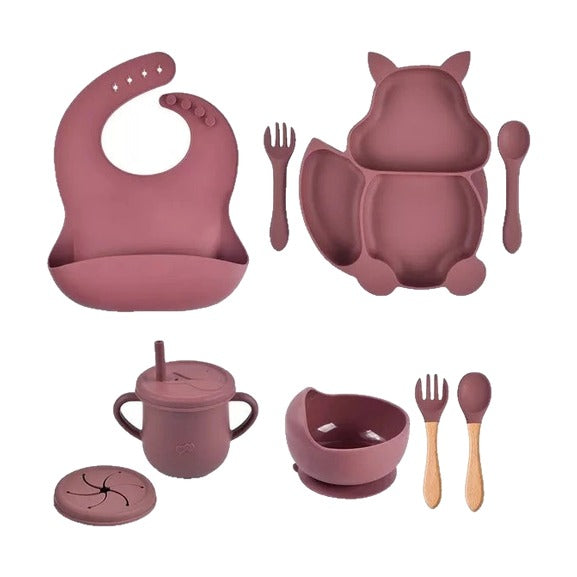 Silicone fox baby feeding set, maroon, full set