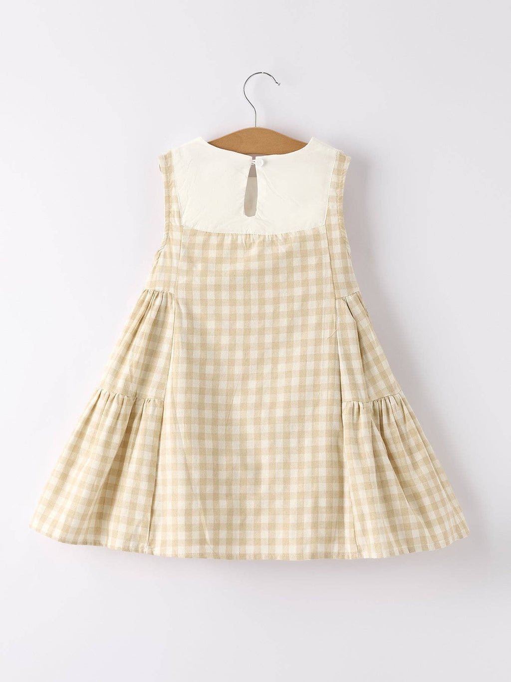 Girls natural gingham flare dress with embroidered bunny bib, back view