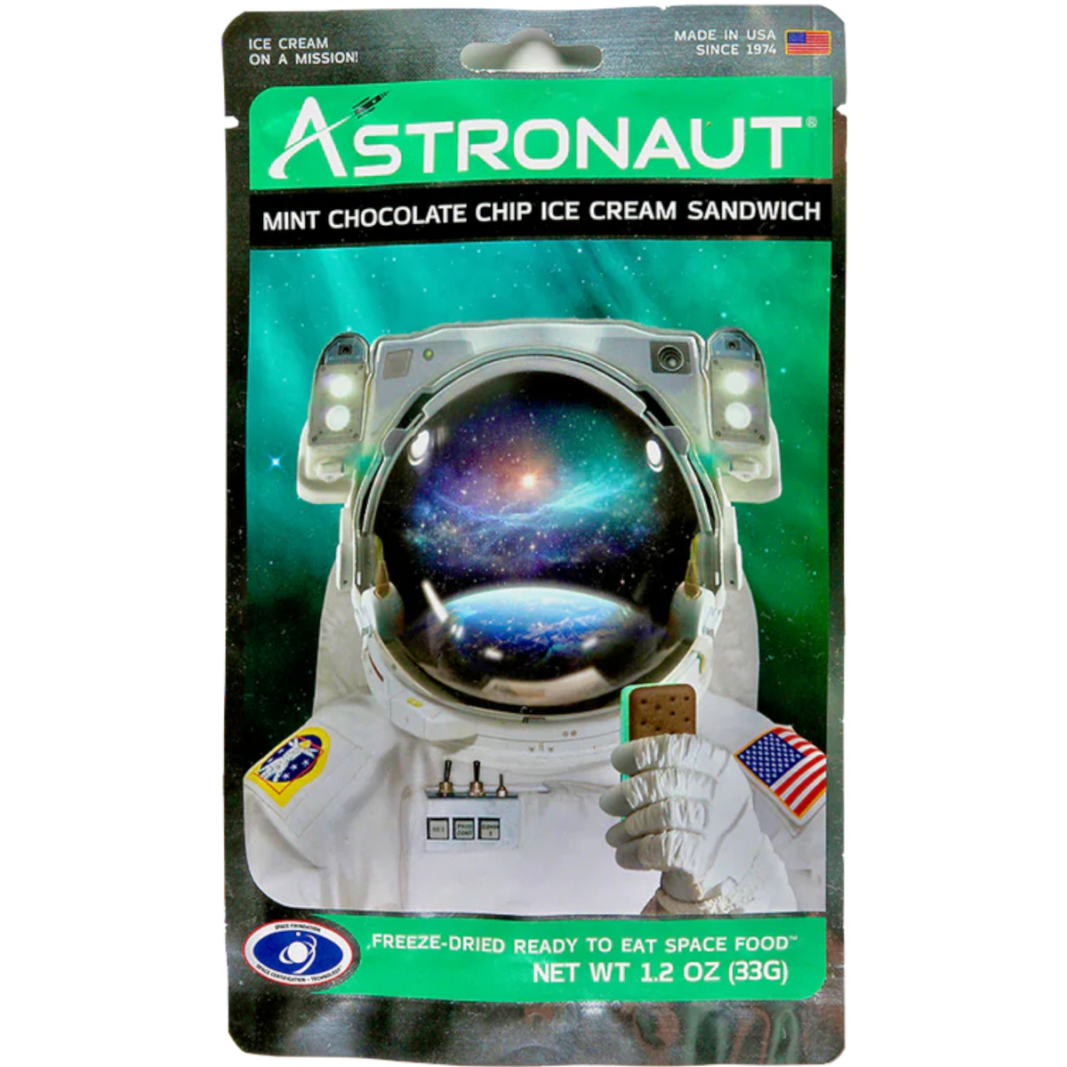 Astronaut freeze-dried mint chocolate chip ice cream sandwich, package