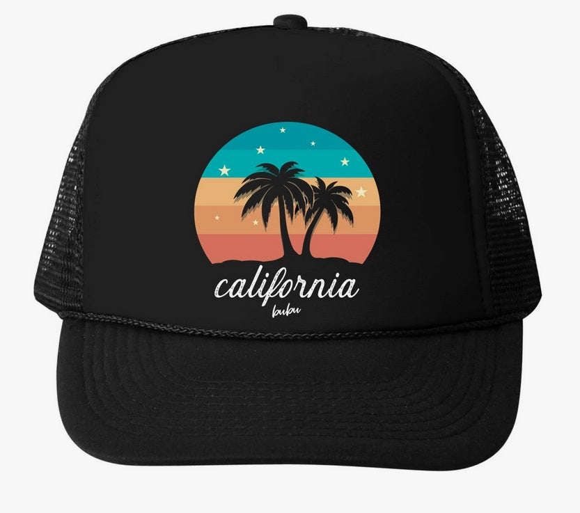 Retro California sunset snapback trucker hat, front view