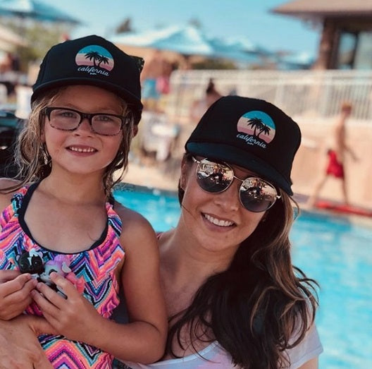 Retro California sunset snapback trucker hat, family wearing hats