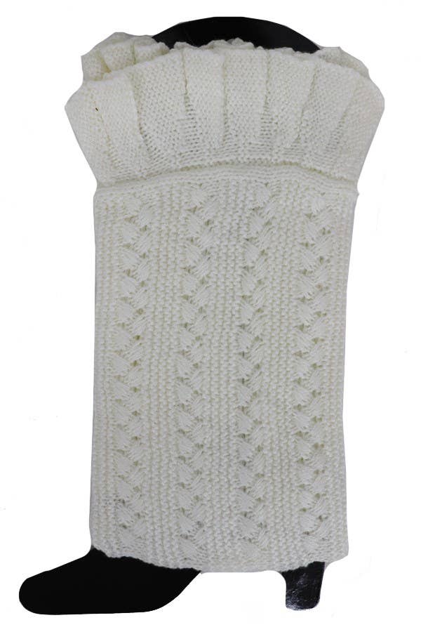 Ruffled top knit leg warmers, grey pair worn with boots