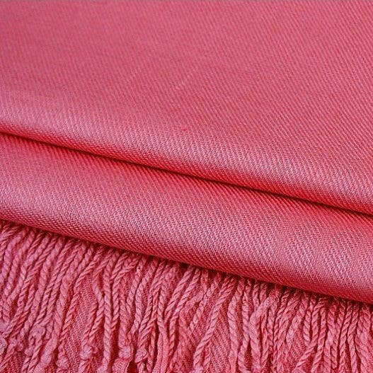 Solid pashmina shawl scarf, coral, fabric and fringe detail