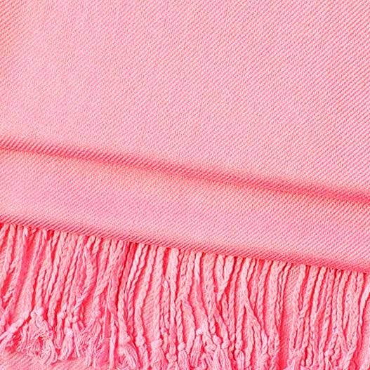 Solid pashmina shawl scarf, light pink, fabric and fringe detail