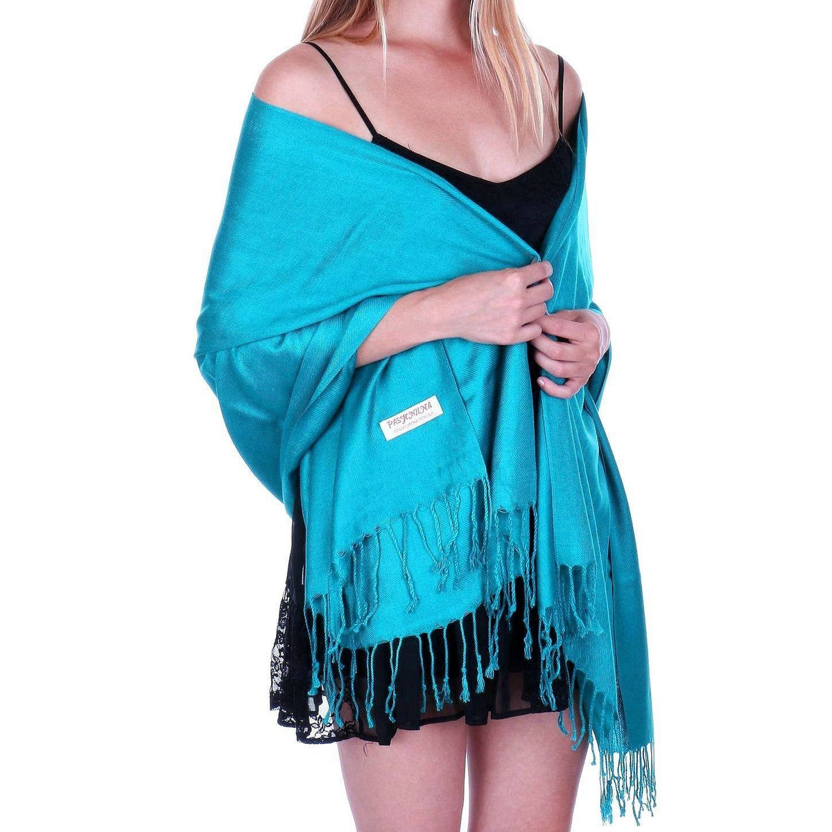 Shawl scarf worn as a wrap, turquoise shown