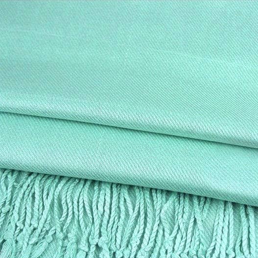 Solid pashmina shawl scarf, mint, fabric and fringe detail
