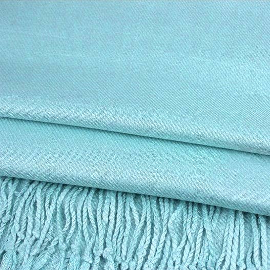 Solid pashmina shawl scarf, sky blue, fabric and fringe detail