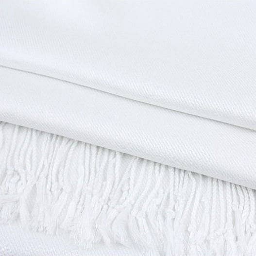 Solid pashmina shawl scarf, white, fabric and fringe detail