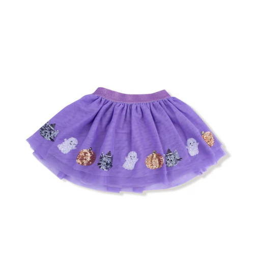 Sequined tulle tutu skirt, Halloween purple cat, front view