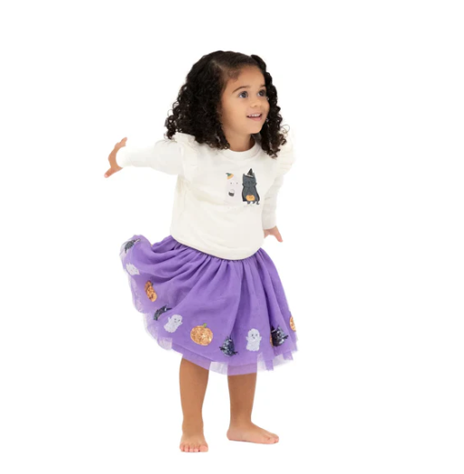 Sequined tulle tutu skirt, Halloween purple cat, worn by toddler