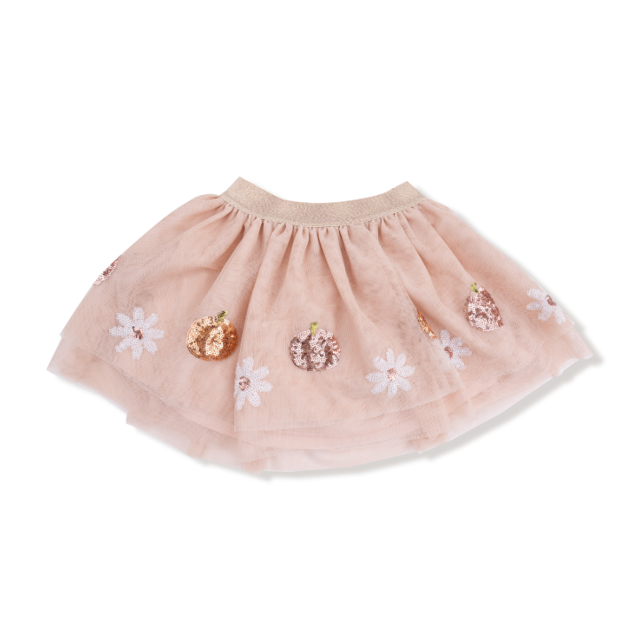 Sequined tulle tutu skirt, pumpkins and flowers, front view