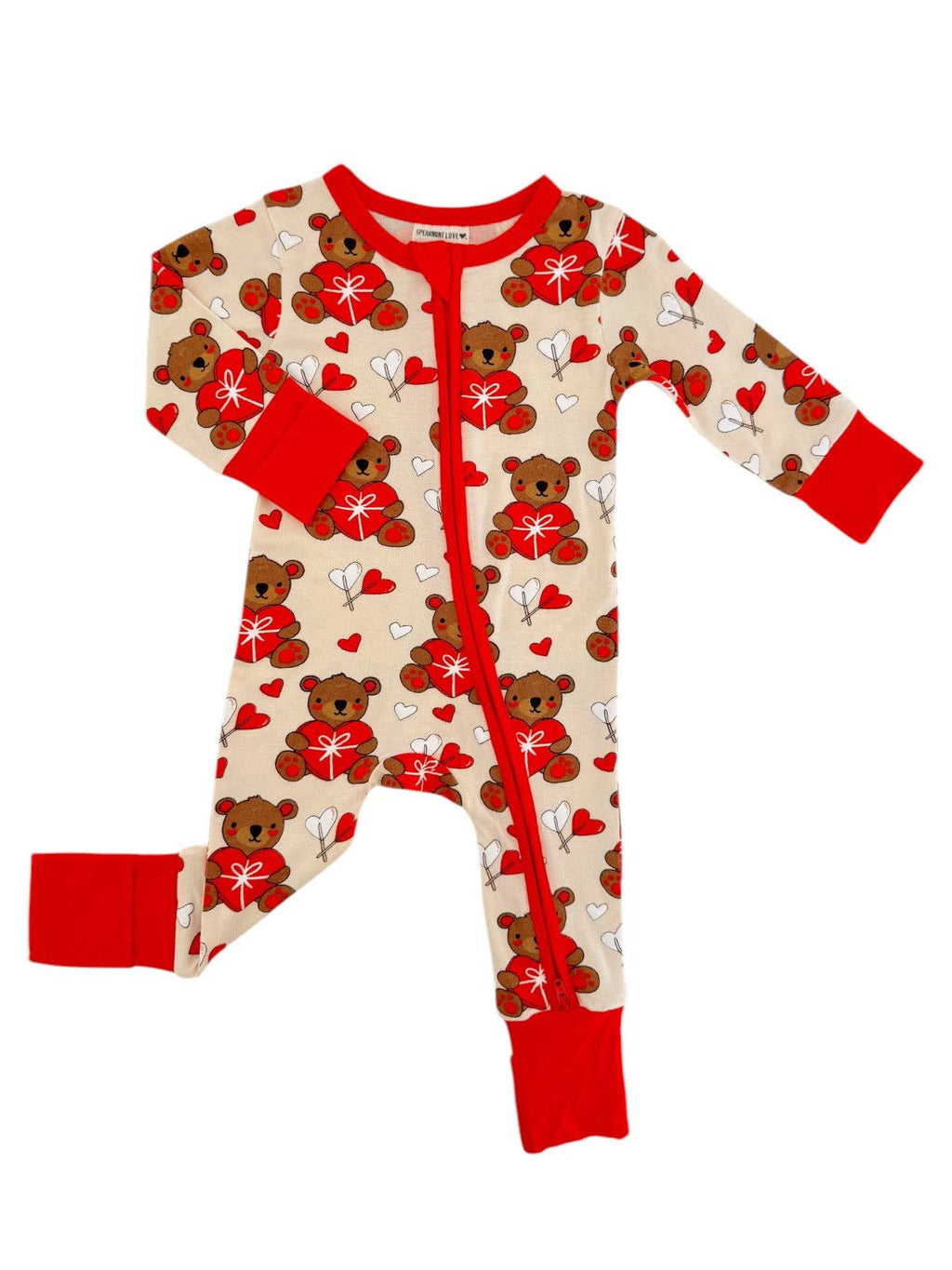 SpearmintLOVE bamboo zip romper, Valentine love bear, back view