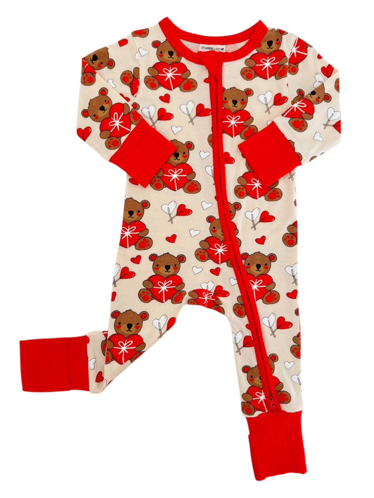 SpearmintLOVE bamboo zip romper, Valentine love bear, front view