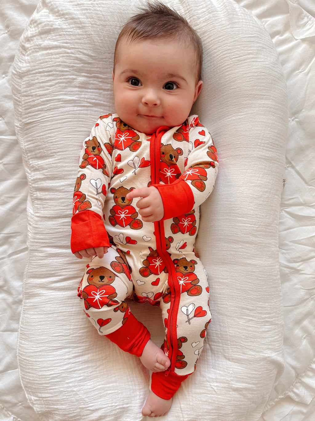 SpearmintLOVE bamboo zip romper, Valentine love bear, worn by baby