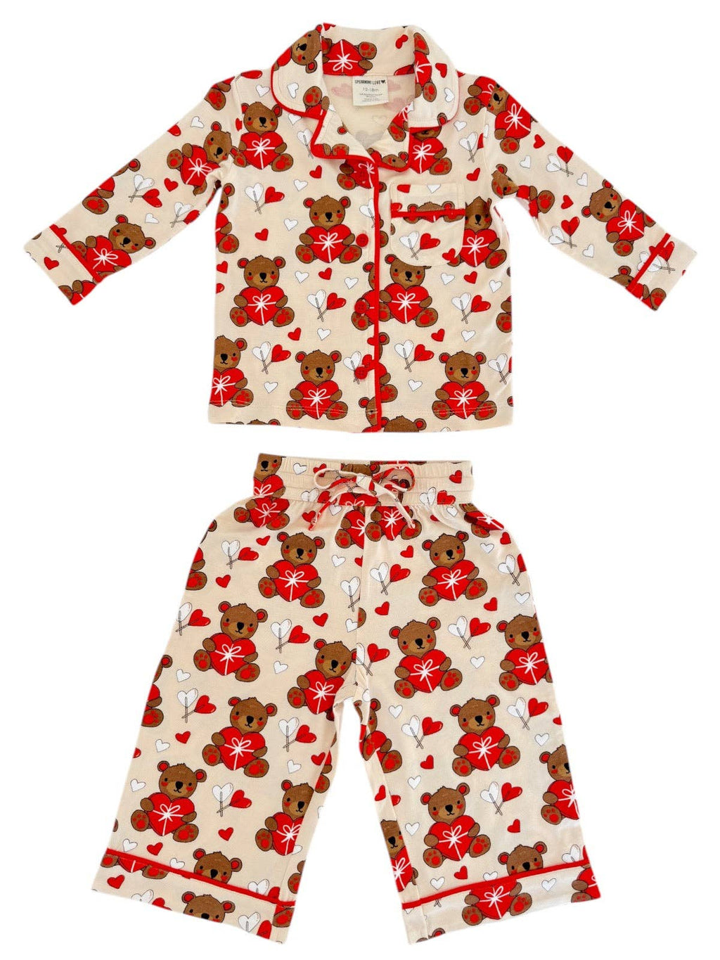 Kids bamboo pajama set, Valentine bear, set flat lay