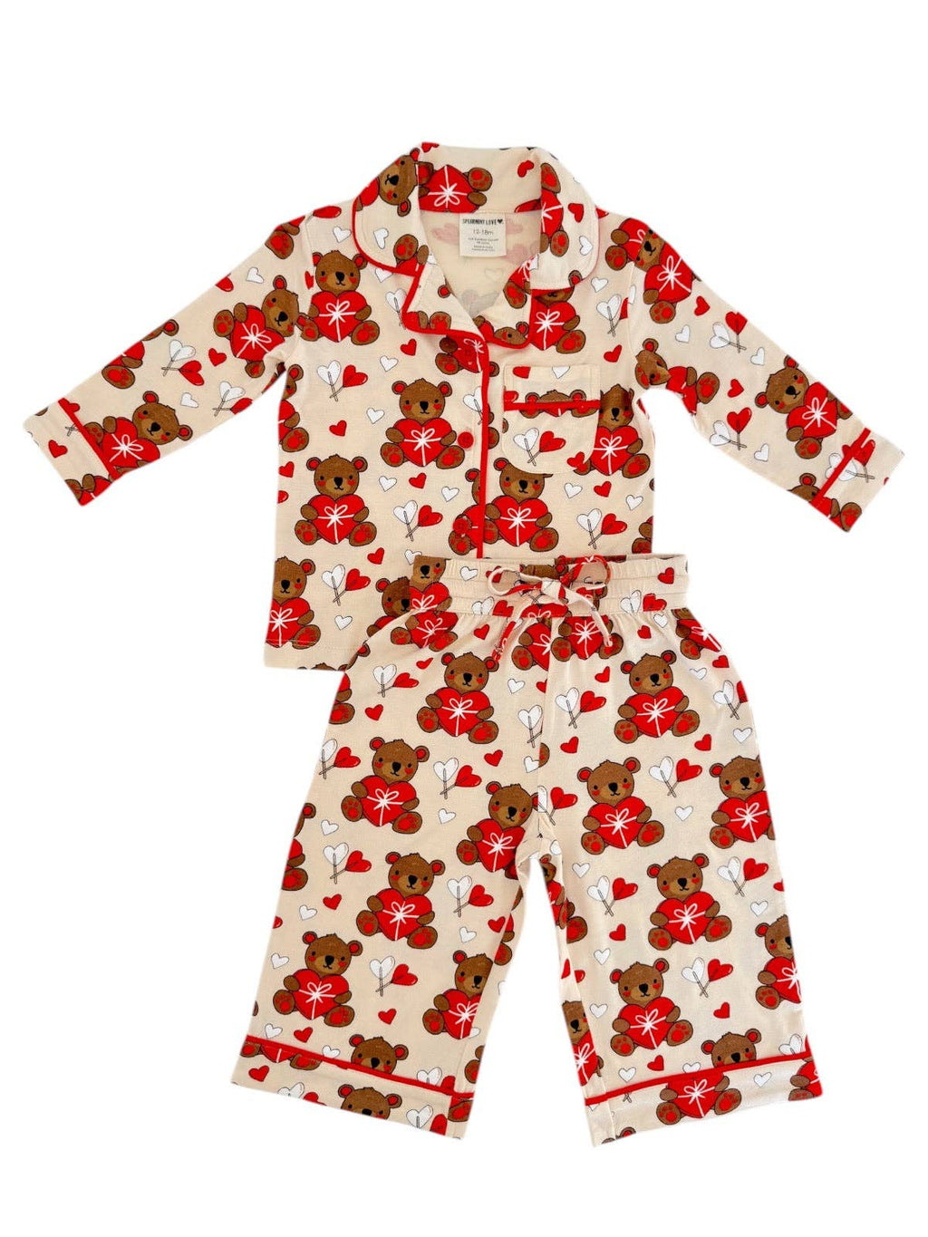 Kids bamboo pajama set, Valentine bear, set front view