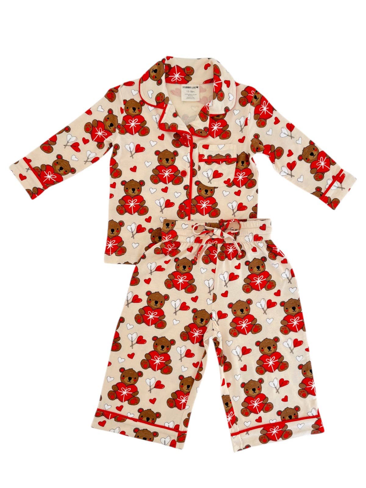 SpearmintLOVE kids bamboo pajama set, Valentine bear, set front view