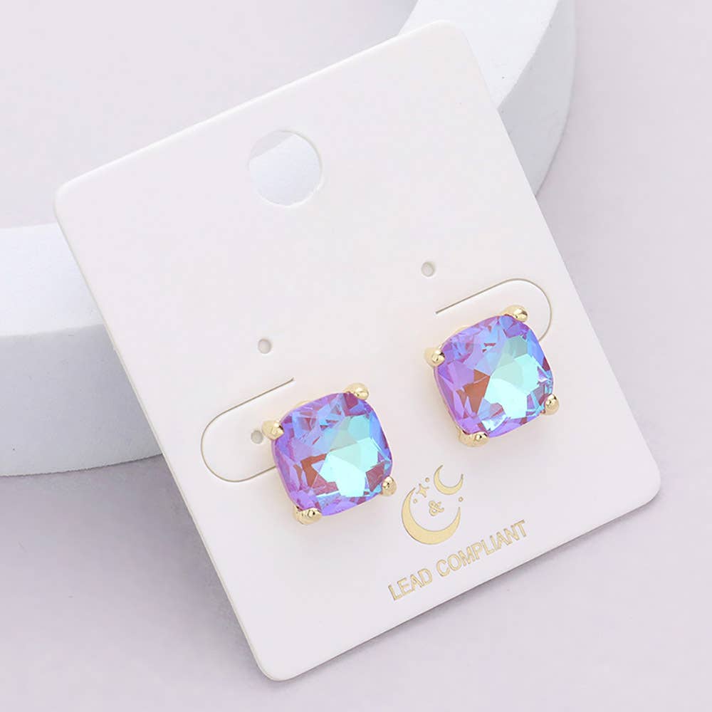 Square cushion cut stud earrings, gold and AB aqua blue, on card