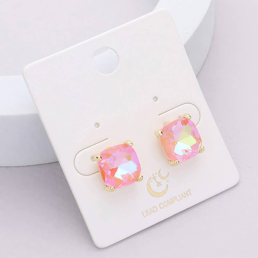 Square cushion cut stud earrings, gold and AB pink, on card