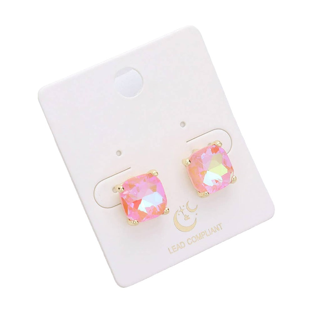 Square cushion cut stud earrings, gold and AB pink, on card