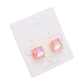 Square cushion cut stud earrings, gold and AB pink, on card