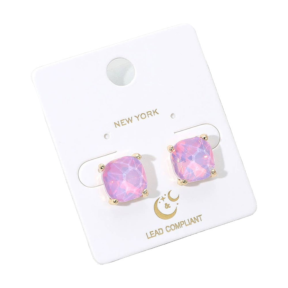 Gold and galaxy pink square cushion cut stone stud earrings