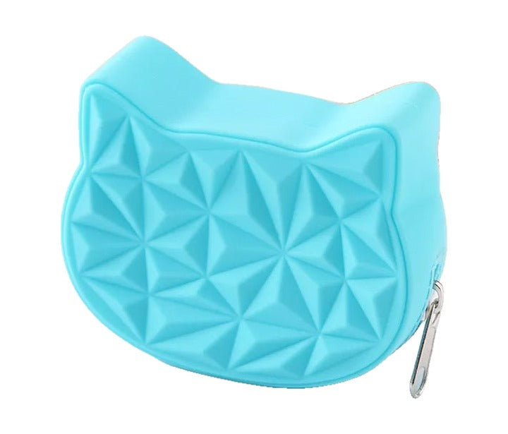 Squishy silicone kitty coin purse, blue, front view