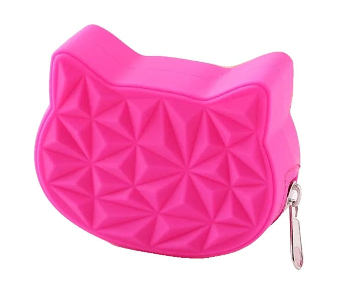 Squishy silicone kitty coin purse, hot pink, front view