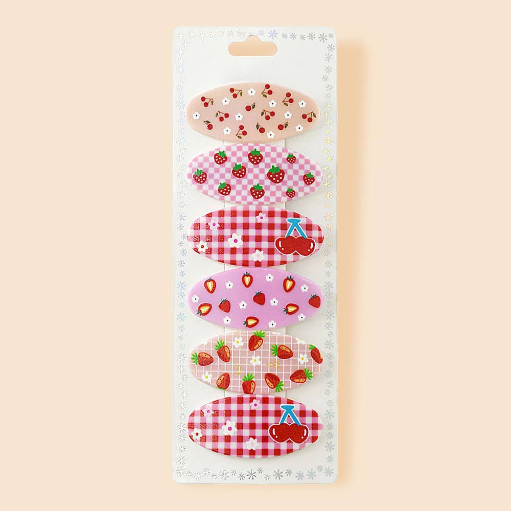 Strawberry and cherry snap hair clips, 6 piece set, card on pink background