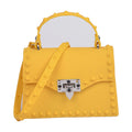 Studded marigold yellow crossbody purse, front view