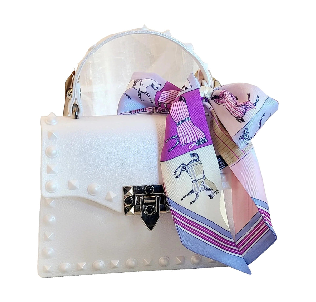 Studded pearl white crossbody purse with equestrian scarf, with scarf