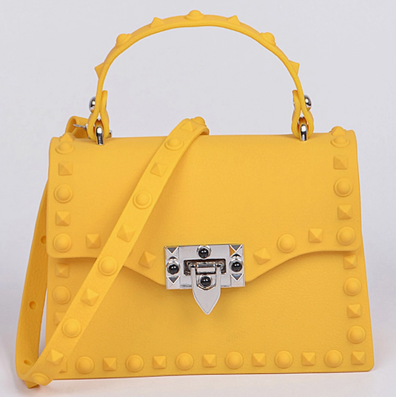 Studded marigold yellow crossbody purse, front view