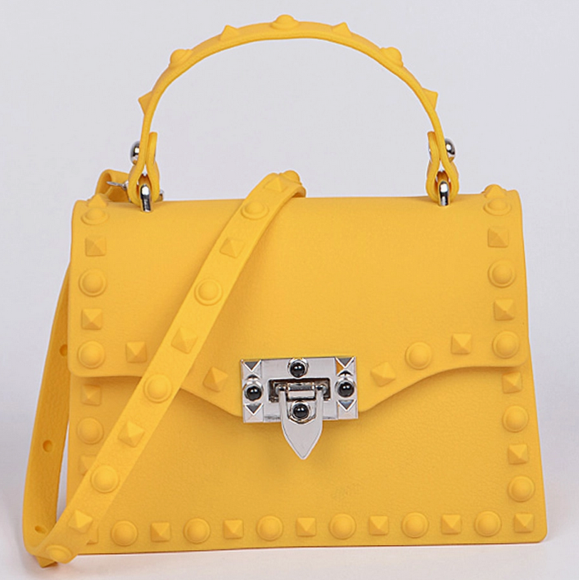 Studded Poly Handbag/Crossbody Purse - Monotone Marigold Yellow
