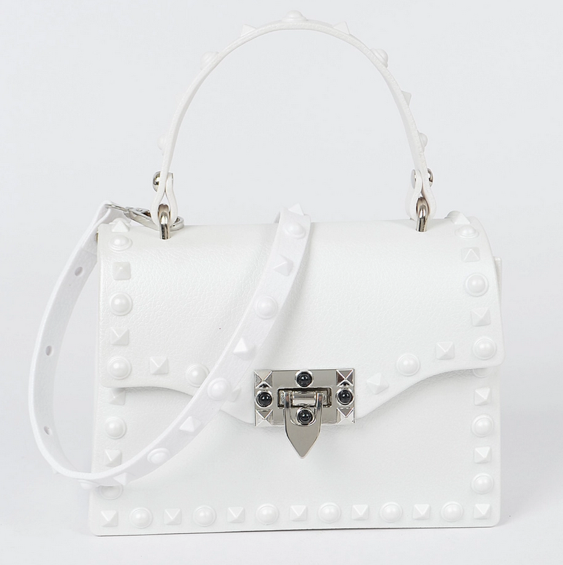 Studded Poly Handbag/Crossbody Purse - Monotone White