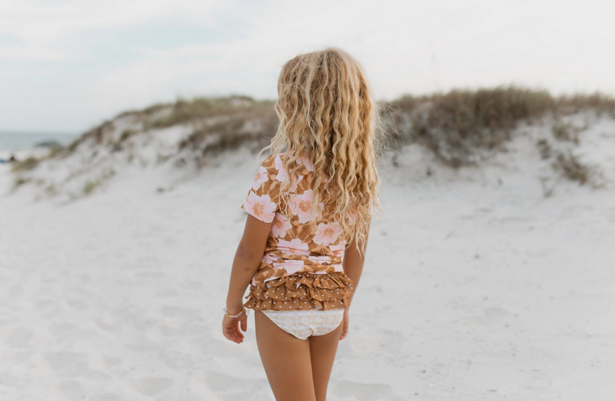 Daisy girls rashguard and ruffle bottom swim set, pink tropical, back view
