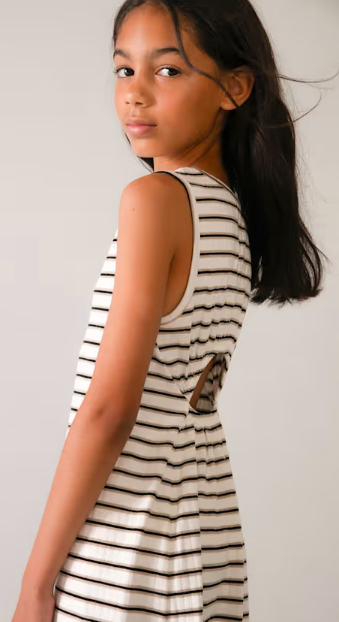 Mayoral girls natural and black striped keyhole back midi dress, close-up of the keyhole back
