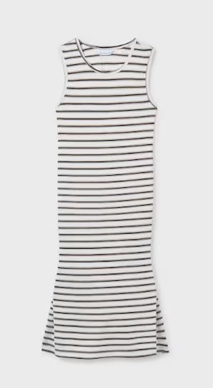 Mayoral girls natural and black striped keyhole back midi dress, flat front view