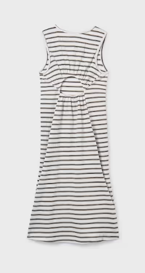 Mayoral girls natural and black striped keyhole back midi dress, flat back view