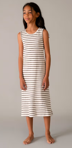 Mayoral girls natural and black striped keyhole back midi dress, front view, full length