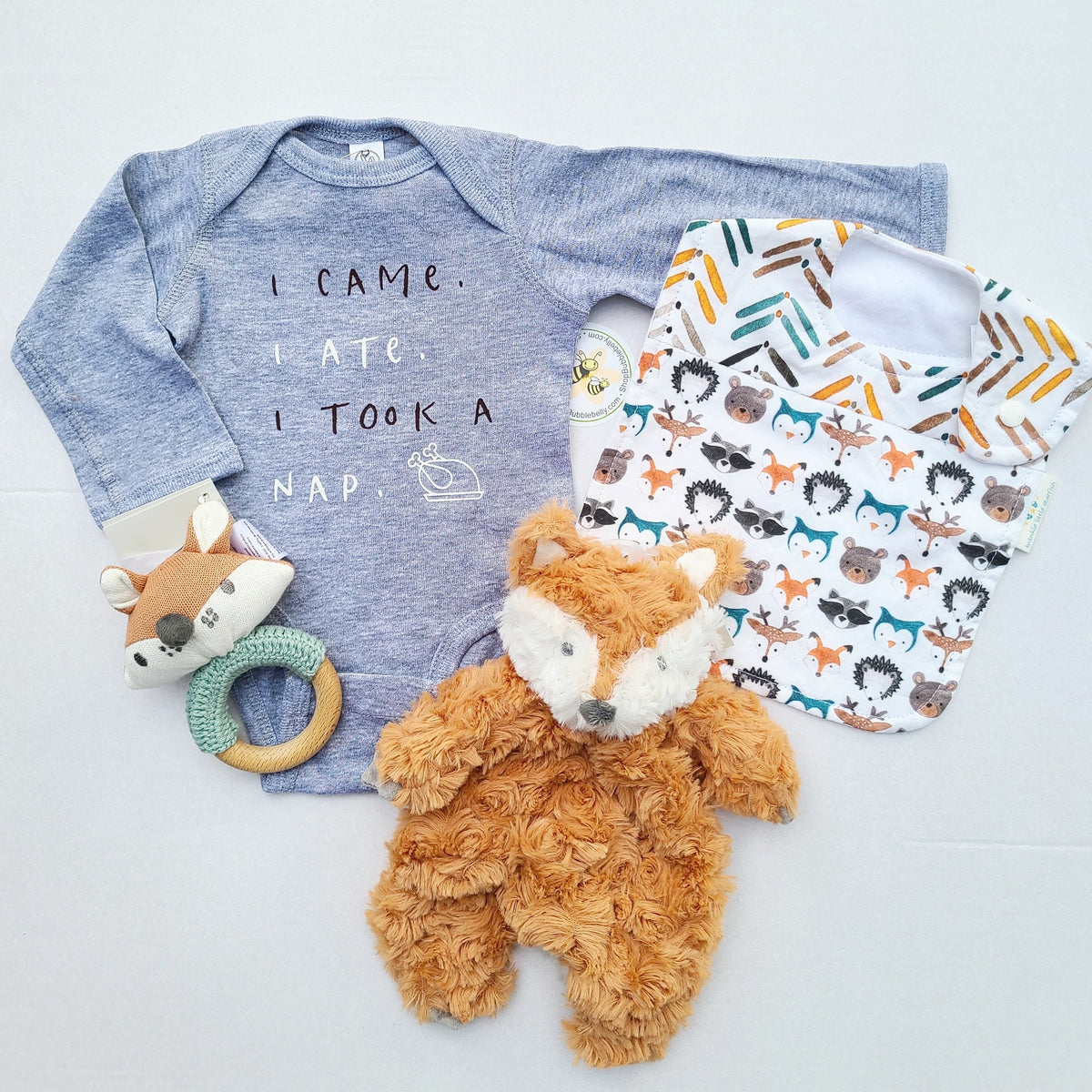 Thanksgiving I came, I ate, I took a nap baby bodysuit styled with a fox rattle, fox plush and woodland bib