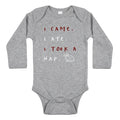 Grey long sleeve Thanksgiving baby snap bodysuit printed I came, I ate, I took a nap with a turkey